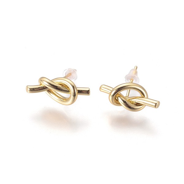 

PandaHall Brass Stud Earrings, with Plastic Ear Nuts, Long-Lasting Plated, Knot, Golden, 8x17x4mm, Pin: 0.7mm Brass