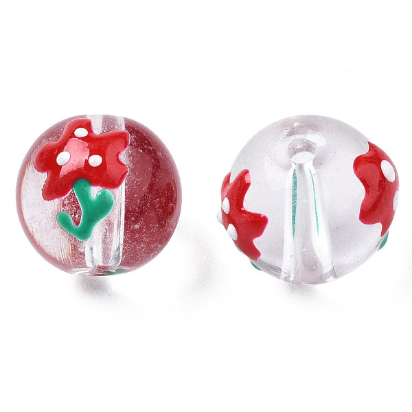 

PandaHall Transparent Glass Enamel Beads, Round with Flower, Red, 13~14x12x11mm, Hole: 1.6mm Glass Round Red