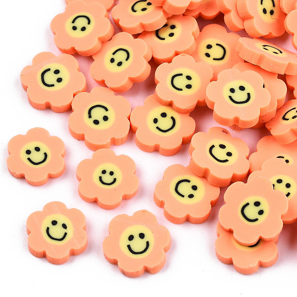 

PandaHall Handmade Polymer Clay Cabochons, Flower with Smile, Orange, 9~10x9.5~10.5x2mm, about 5750pcs/1000g Polymer Clay Flower Orange