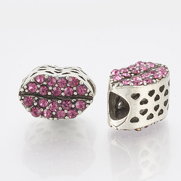 

PandaHall Alloy Rhinestone European Beads, Large Hole Beads, Lip, Antique Silver, Rose, 8x12x9mm, Hole: 4.5mm Alloy+Rhinestone Lip Pink