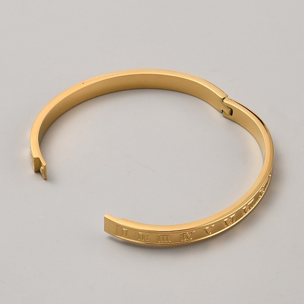 

PandaHall Titanium Steel Bangles, Roman Numerals, Golden, Inner Diameter: 2x2-1/4 inch(4.95x5.85cm) Titanium Steel