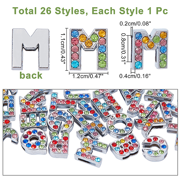 

PandaHall 26Pcs 26 Style Alloy Rhinestone Slide Charms, Letter A~Z, Platinum, Letter A~Z, 12x12.5x4.5mm, Hole: 1.5mm Alloy+Rhinestone..., Multicolor