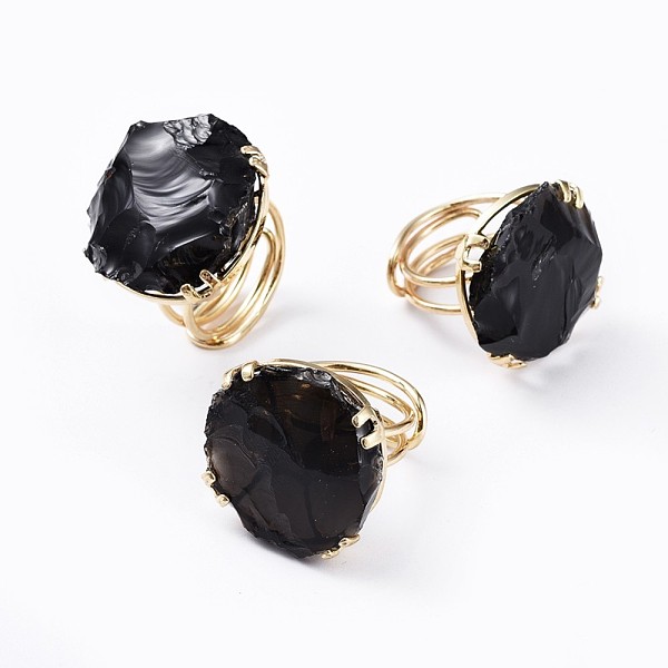

PandaHall Adjustable Natural Rough Raw Obsidian Finger Rings, with Brass Findings, Nuggets, Golden, Size 8~9, 18~19.5mm Obsidian Black