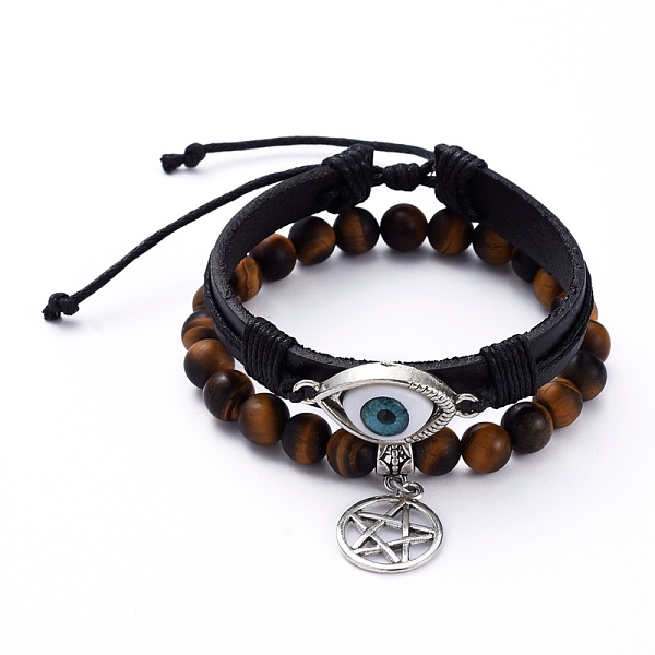 

PandaHall Stretch Charm Bracelets & Cowhide Leather Cord Bracelets Sets, Stackable Bracelets, with Alloy & Acrylic Pendants, Natural Tiger..., Black