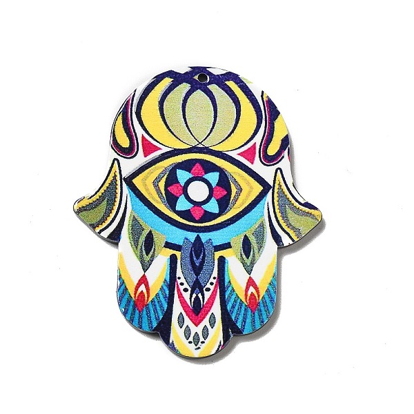

PandaHall Opaque Acrylic Pendants, Hamsa Hand/Hand of Miriam Charm, Evil Eye Pattern, 52.5x43.5x2mm, Hole: 1.6mm Acrylic Evil Eye Yellow