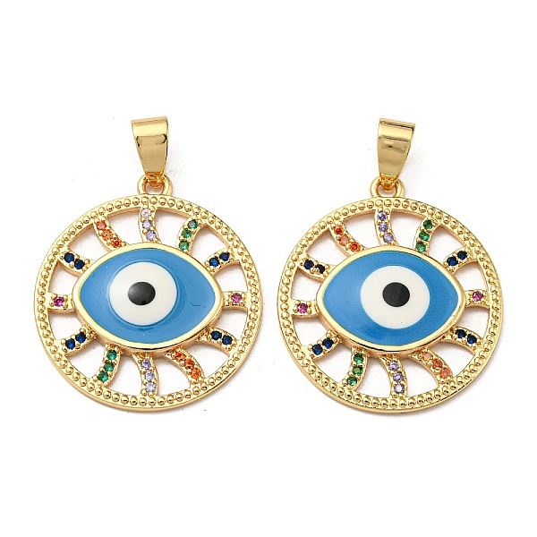 

PandaHall Real 18K Gold Plated Brass Pendants, with Cubic Zirconia and Enamel, Flat Round with Evil Eye Charms, Deep Sky Blue, 26x23.5x3mm...