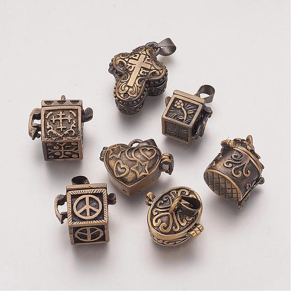 PandaHall Brass Prayer Box Pendants, Mixed Shapes, Brushed Antique Bronze, 18~26x10~22x10~18mm, Hole: 4.5x6.5mm Brass Mixed Shapes