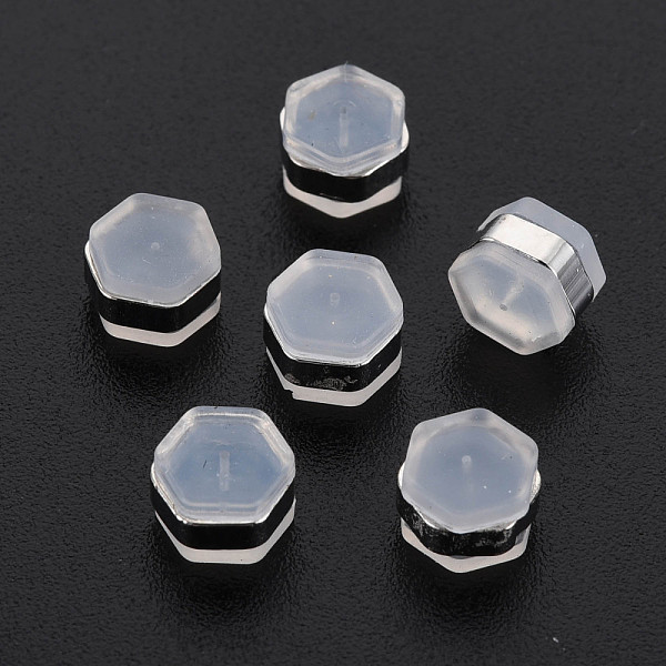 

PandaHall Silicone Ear Nuts, Earring Backs, with Brass Findings, Hexagon, Cadmium Free & Nickel Free & Lead Free, Platinum, 6x7x4.5mm, Hole..., Clear