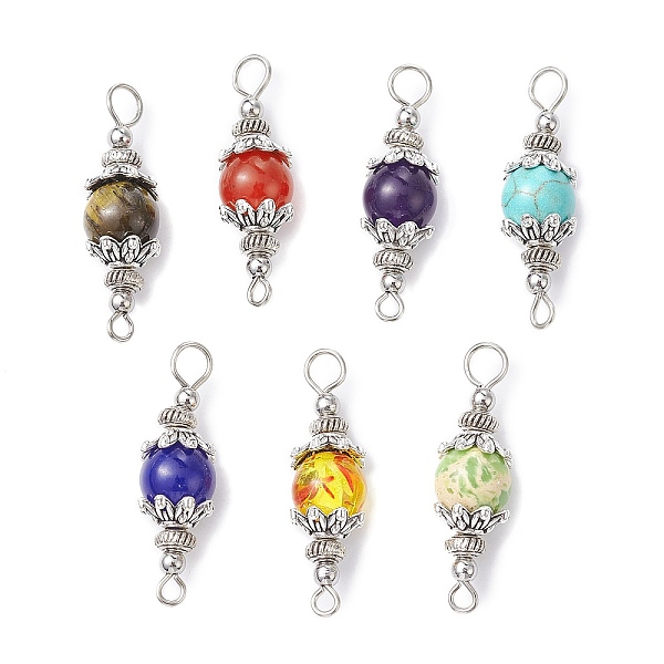 

PandaHall 7Pcs 7 Styles Mixed Gemstone Round Connector Charms, with Antique Silver Tone Alloy Bead Caps, Dyed and Undyed, 29.5x8.5mm, Hole...