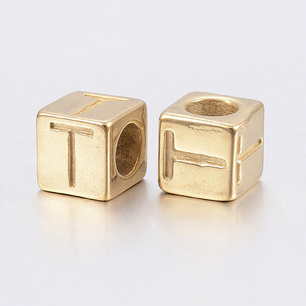 

PandaHall 304 Stainless Steel Large Hole Letter European Beads, Horizontal Hole, Cube with Letter.T, Golden, 8x8x8mm, Hole: 5mm 304...