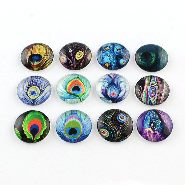 

PandaHall Half Round/Dome Feather Pattern Glass Flatback Cabochons for DIY Projects, Feather Color, 12x4mm Glass Half Round Multicolor