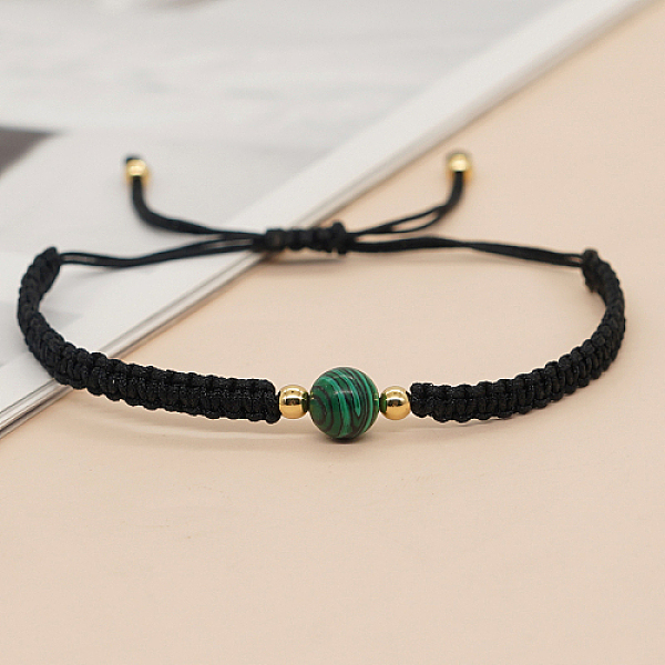 

PandaHall Synthetic Malachite Round Braided Bead Bracelet, Black Adjustable Bracelet, Bead: 8mm Malachite