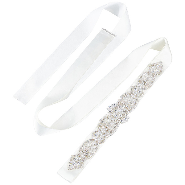 PandaHall Fingerinspire Crystal Rhinestone Wedding Dress Belt, Flower Bridal Belt, White, 110-1/4 inch(280cm) Ribbon White