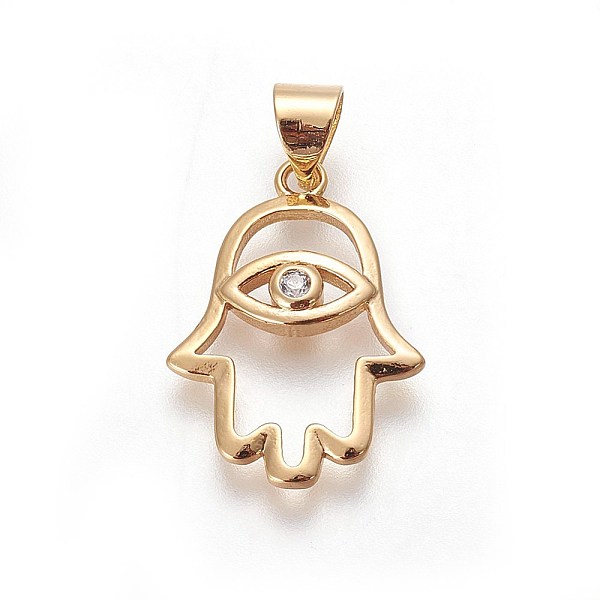 

PandaHall Brass Pendants, with Cubic Zirconia, Hamsa Hand with Eye, Clear, Golden, 20.5x15x2.8mm, Hole: 3.5x4.5mm Brass+Cubic Zirconia Palm...