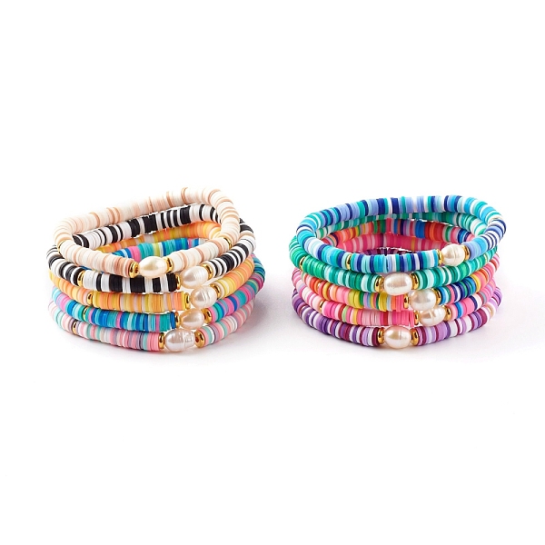 

PandaHall Polymer Clay Heishi Beads Stretch Bracelets Sets, with Natural Pearl Beads and Brass Beads, Golden, Mixed Color, Inner Diameter..., Multicolor