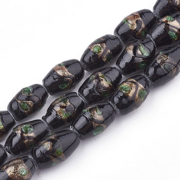 

PandaHall Handmade Gold Sand Lampwork Beads, Drum, Black, 15~18x10~12mm, Hole: 1.5~2mm Lampwork Drum Black