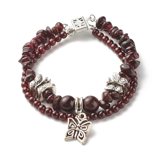 

PandaHall Natural Garnet Chip Beads Multi-strand Bracelet, Butterfly Charm Double Layered Bracelet for Teen Girl Women, Antique Silver...