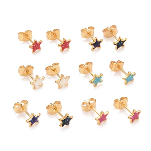 

PandaHall 304 Stainless Steel Enamel Stud Earrings, with 316 Surgical Stainless Steel Pin & Glitter Powder, Golden, Star, Mixed Color..., Multicolor