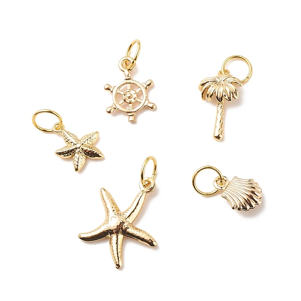 

PandaHall Brass Pendants, with 304 Stainless Steel Jump Rings, Shell & Starfish & Coconut Tree & Helm, Golden, 10~18.5x6.5~15.5x1~3mm, Hole...