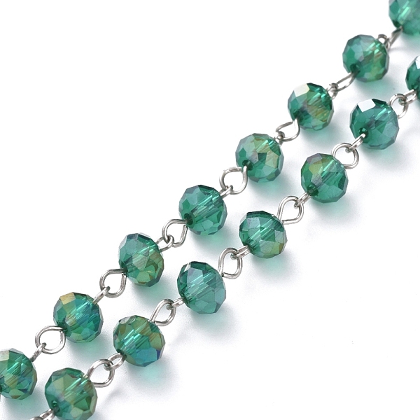 

PandaHall Handmade Electroplate Glass Beaded Chains, with Platinum Plated Iron Eye Pin, Unwelded, Green, 39.37 inch(100cm), Beads: 8x6mm...