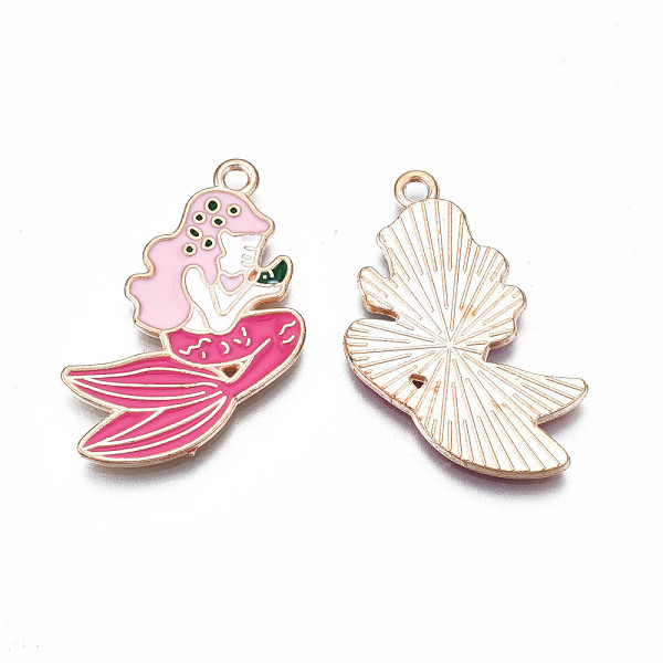 

PandaHall Alloy Enamel Pendants, Cadmium Free & Lead Free, Mermaid, Camellia, 30x16x1mm, Hole: 1.6mm Alloy+Enamel Others Pink