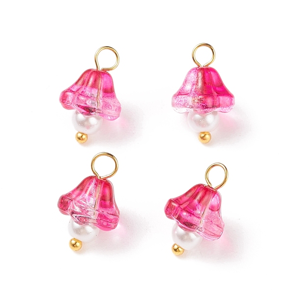 

PandaHall Electroplate Glass Charms, with Golden Plated Brass Findings and Glass Pearl Round Beads, Trumpet Flower, Crimson, 14x9x9mm, Hole..., Pink