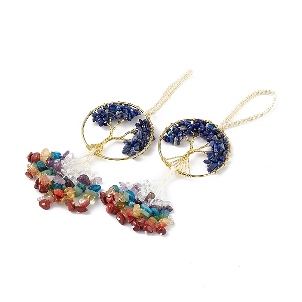 

PandaHall Natural Lapis Lazuli Tree of Life with Mixed Gemstone Chips Tassel Big Pendant Decorations, with Golden Brass Wires Wrap Findings...