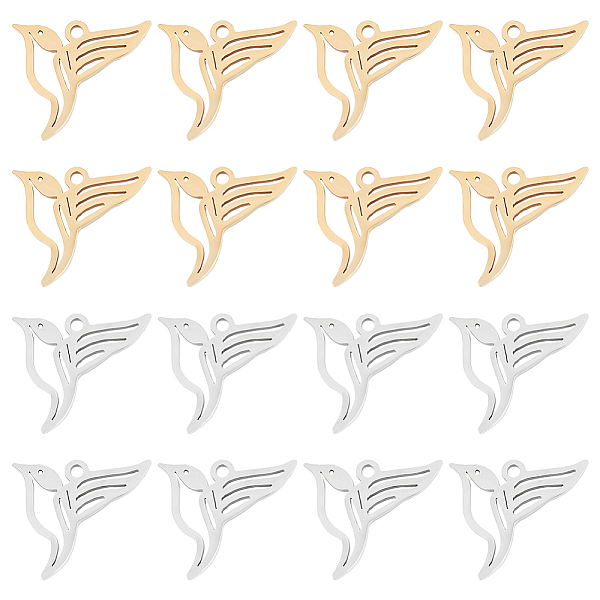 

PandaHall Unicraftale 16Pcs 2 Colors 201 Stainless Steel Pendants, Bird Charms, Golden & Stainless Steel Color, 17x15.5x0.9mm, Hole: 1.4mm...