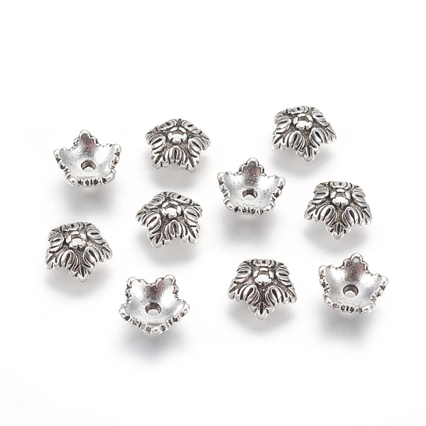 

PandaHall Tibetan Style Bead Caps, Cadmium Free & Lead Free, 5-Petal, Flower, Antique Silver, 10x4mm, Hole: 1mm Alloy