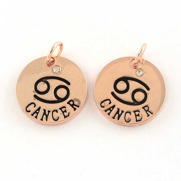 

PandaHall Alloy Pendants, with Rhinestone, Flat Round, with Constellation/Zodiac Sign, Rose Gold, Cancer, 22x2.5mm, Hole: 5.5mm..., Clear