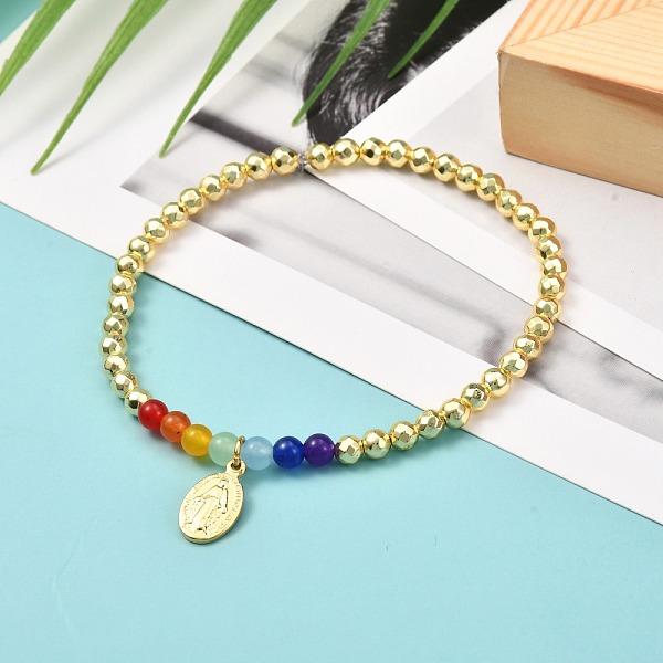 

PandaHall Electroplate Non-magnetic Synthetic Hematite & Dyed Natural Malaysia Jade Round Beads Stretch Bracelet for Girl Women, Oval with..., Gold