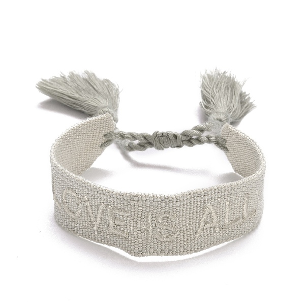 

PandaHall Word Love Is All Polycotton(Polyester Cotton) Braided Bracelet with Tassel Charm, Flat Adjustable Wide Wristband for Couple...
