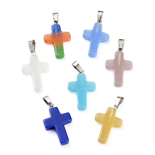 

PandaHall Cat Eye Pendants, with Stainless Steel Peg Bails, Cross, Stainless Steel Color, Mixed Color, 28~30x18x6mm, Hole: 7x3.5mm Stainless..., Multicolor