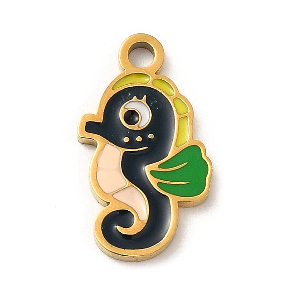 

PandaHall Ion Plating(IP) 304 Stainless Steel Enamel Pendants, Laser Cut, Sea Horse Charm, Real 18K Gold Plated, 16.5x9x1.5mm, Hole: 1.8mm..., Black