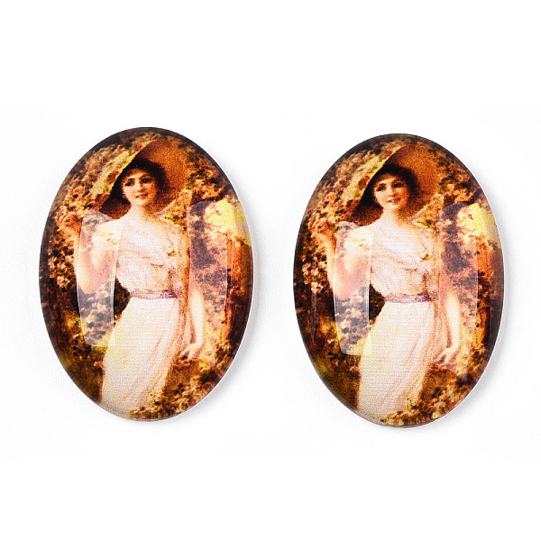 

PandaHall Glass Cabochons, with European Style Pattern, Oval, Peru, 25x18x6mm Glass Oval Brown
