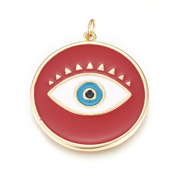 

PandaHall Brass Enamel Pendants, Long-Lasting Plated, Lead Free & Cadmium Free & Nickel Free, Flat Round with Evil Eye, Real 18K Gold Plated..., Red
