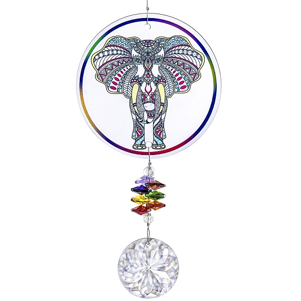 

PandaHall Glass Round Window Hanging Suncatchers, with Acrylic Elephant Meditation Home Outdoor Garden Ornaments, 370mm Glass Elephant