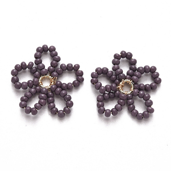 

PandaHall Glass Seed Beads Pendants, with Golden Tone Brass Findings, Flower, Dark Slate Blue, 19x18~19x2mm Brass+Glass Flower