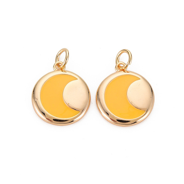 

PandaHall Brass Enamel Pendants, Nickel Free, Real 18K Gold Plated, Flat Round with Moon, Goldenrod, 16x13.5x2mm, Hole: 3mm Brass+Enamel...