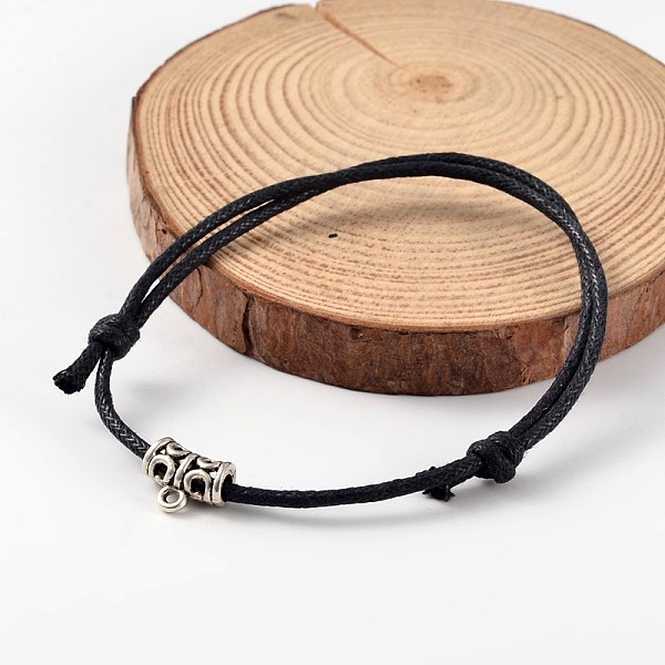 

PandaHall Adjustable Waxed Cotton Cord Bracelets, with Alloy Findings, Antique Silver, Black, 65mm Waxed Cord Black