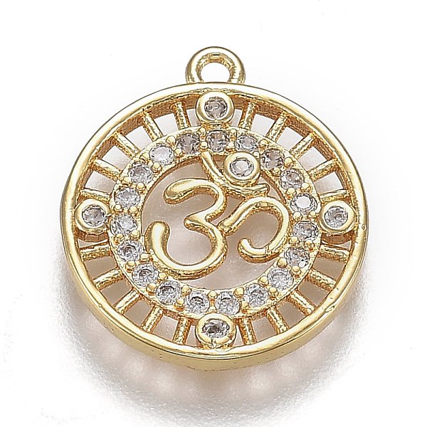 

PandaHall Hollow Brass Micro Pave Clear Cubic Zirconia Pendants, Long-Lasting Plated, Flat Round with Aum/Om Symbol, Real 18K Gold Plated...