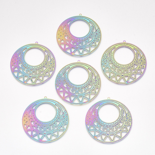 

PandaHall Ion Plating(IP) 304 Stainless Steel Filigree Big Pendants, Etched Metal Embellishments, Flat Round, Rainbow Color, 50x48.5x0.2mm...