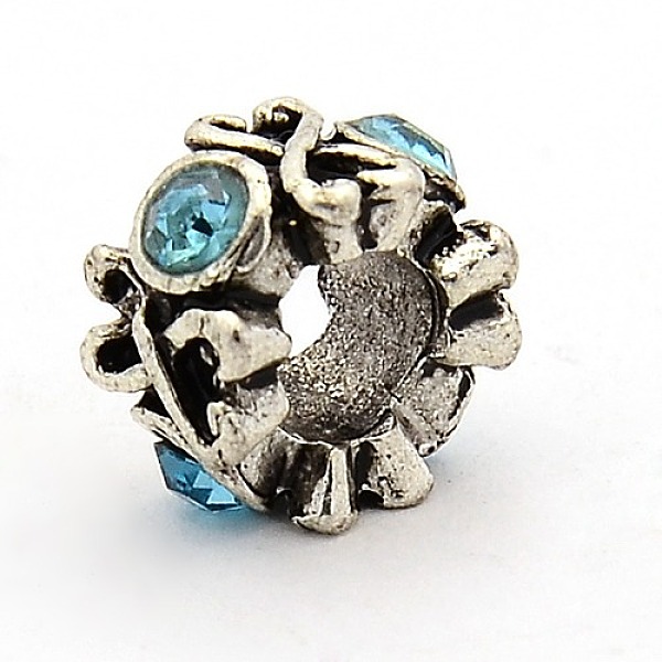 

PandaHall Vintage Alloy Rhinestone European Beads, Large Hole Rondelle Beads, Antique Silver, Aquamarine, 10.5x6.5mm, Hole: 6mm..., Cyan