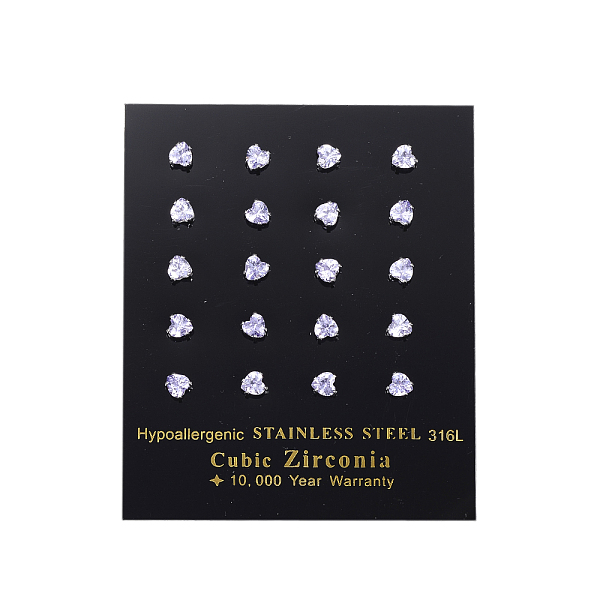 PandaHall Cubic Zirconia Ear Studs, with 304 Stainless Steel Bases, 316 Surgical Stainless Steel Pin, Grade AAA, Heart, Purple, 3x3mm, Pin...