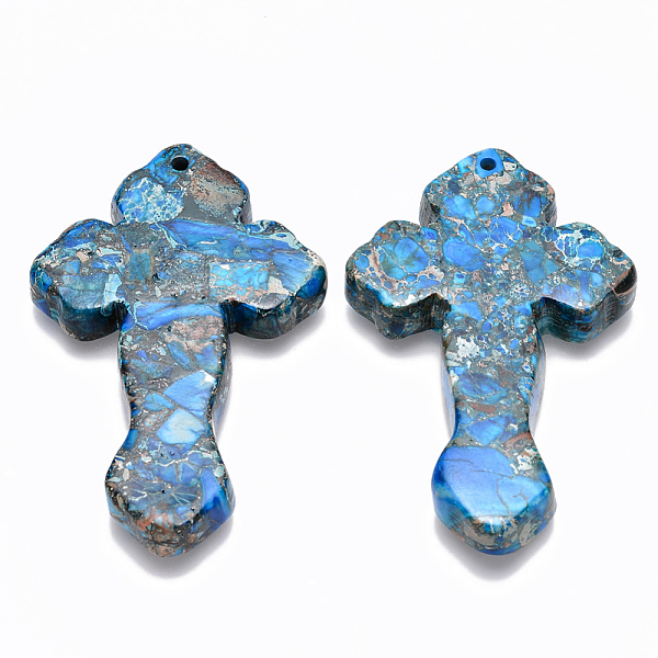 

PandaHall Synthetic Imperial Jasper Big Pendants, Dyed, Cross, Deep Sky Blue, 60~61.5x38~39.5x7~8mm, Hole: 1.8mm Imperial Jasper Cross Blue
