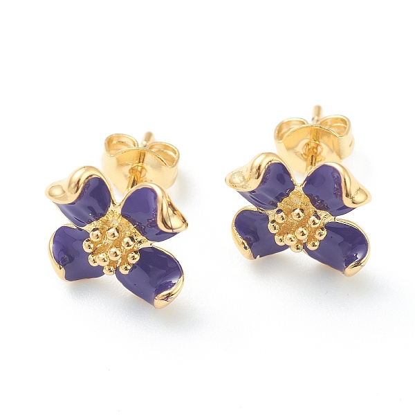 

PandaHall Brass Enamel Stud Earrings, with Ear Nuts, Flower, Real 18K Gold Plated, Purple, 11x12mm, Pin: 0.8mm Brass Flower Purple