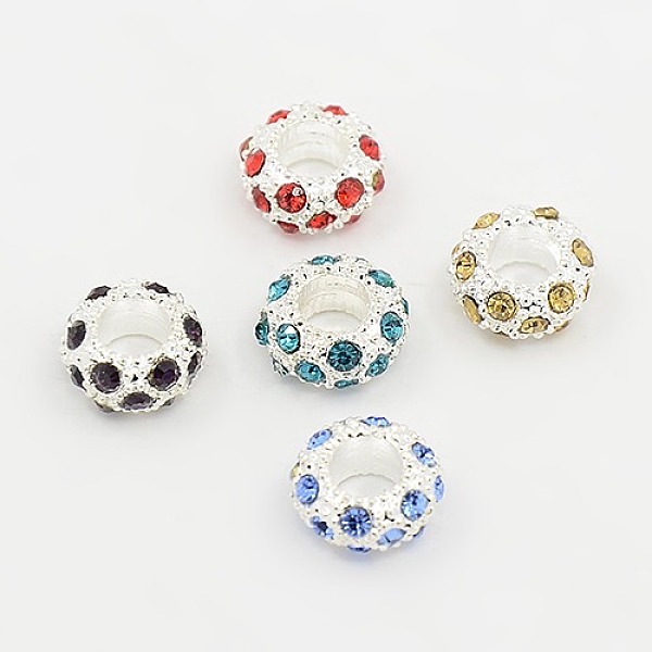 

PandaHall Brass European Beads, with Rhinestones, Rondelle, Silver Color Plated, Mixed color, about 11mm wide, 6mm long, Hole: 5mm...