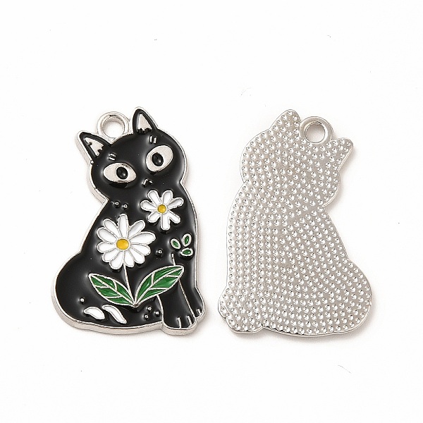

PandaHall Alloy Enamel Pendants, Cat with Flower Charm, Platinum, 28x18.5x1.5mm, Hole: 2mm Alloy+Enamel Cat Shape Black