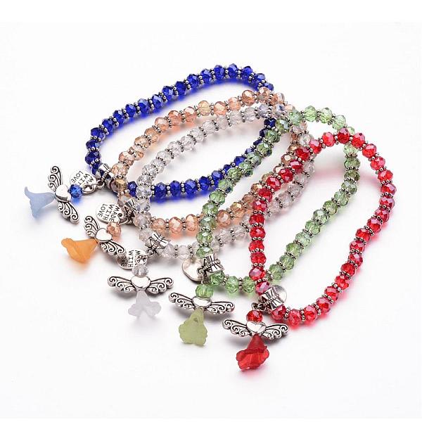 PandaHall Glass Beads Stretch Bracelets, with Tibetan Style Findings, Lovely Wedding Dress Angel Dangle, Mixed Color, (2 inch)53mm Glass...
