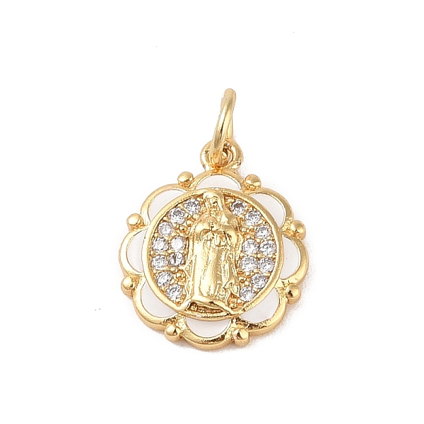 

PandaHall Brass Micro Pave Clear Cubic Zirconia Pendants, with Enamel and Jump Ring, Real 18K Gold Plated, Flat Round, 14x12x2.5mm, Hole..., White